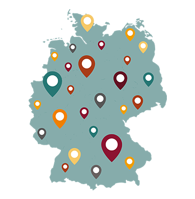 Karte der Bundesrepublik Deutschland mit bunten Pins