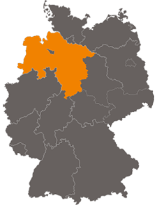 Das Bild zeigt eine Deutschlandkarte. Niedersachsen ist farbig hervorgehoben.