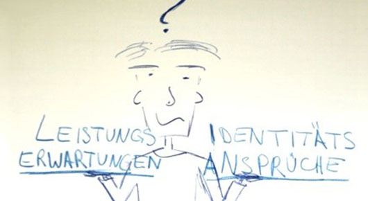 Auf einer Zeichnung erkennen wir einen jungen Menschen, der Leistungserwartungen und Identitätsansprüche auf den Händen balanciert. Auf einer Zeichnung erkennen wir einen jungen Menschen, der Leistungserwartungen und Identitätsansprüche auf den Händen balanciert.