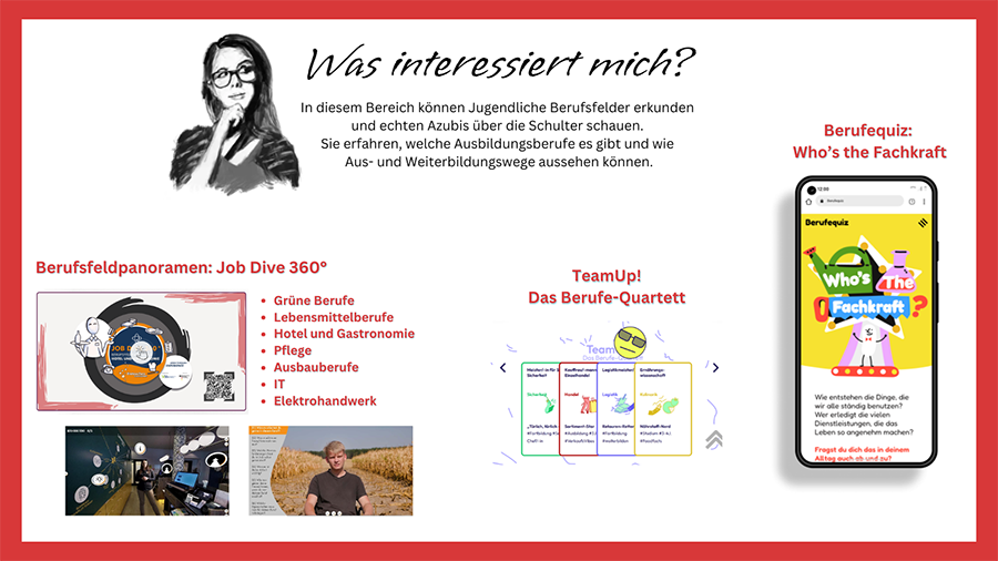 Screen des Bereichs "Was interessiert mich?" mit der Auswahl 360-Panoramen, Berufe-Quartett und Berufequiz