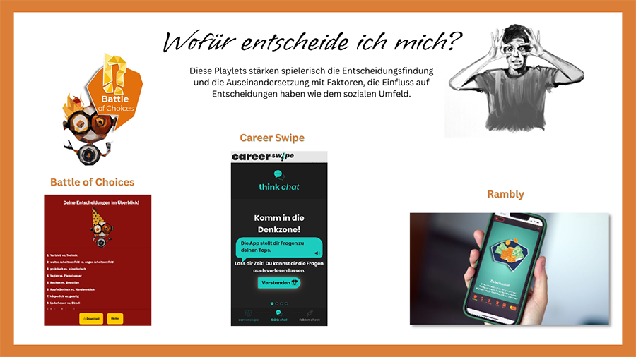 Screen des Bereichs "Wofr entscheide ich mich?" mit der Auswahl Battle of Choices, Ramby und Career Swipe
