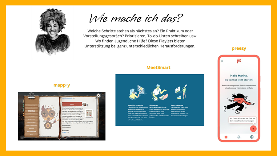 Screen des Bereichs "Wie mache ich das?" mit der Auswahl Lebensweg, preezy, MeetSmart und Bewer, wie, was?