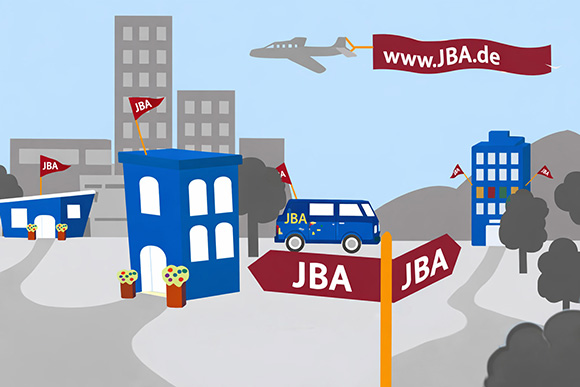 Stilisierte Hinweisschilder, Anlaufstellen und Verkehrsmittel mit der Aufschrift JBA