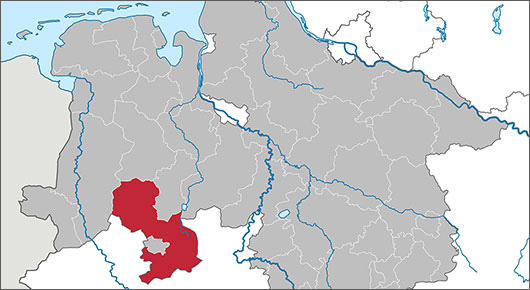 Politische Landkarte - Landkreis Osnabr�ck in Rot markiert im Bundesland Niedersachsen