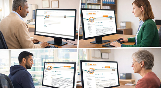 Vier Mitarbeitende haben auf ihren Monitoren die überaus-Plattform geöffnet. Vier Mitarbeitende haben auf ihren Monitoren die überaus-Plattform geöffnet.