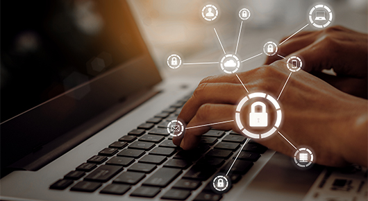 Ein Bildschirm mit Symbolen zu Datenschutz und Vernetzung. Ein Bildschirm mit Symbolen zu Datenschutz und Vernetzung.