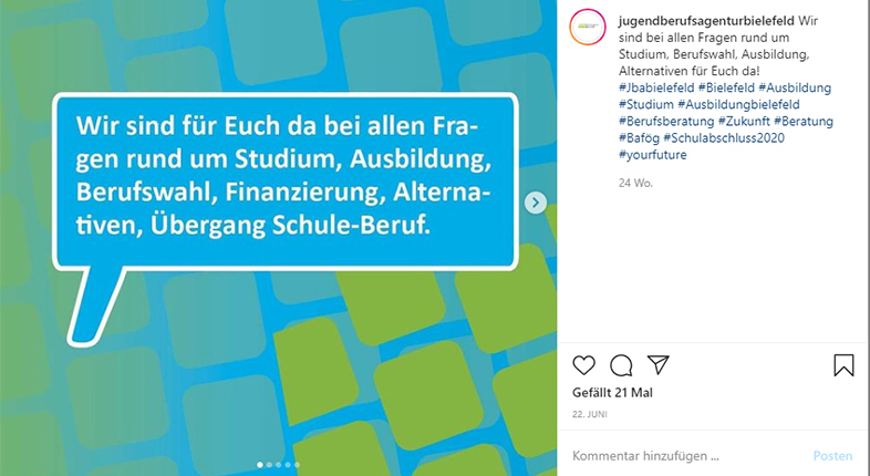 Screenshot eines Posts. Eine Sprechblase zhlt die verschiedenen Angebote der Jugendberufsagentur auf.