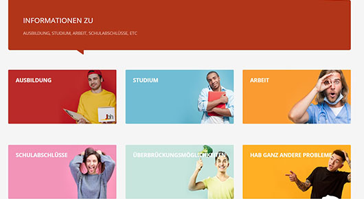 Seite aus dem Internetauftritt des Jugendberufshauses; in farbigen Feldern sind verschiedene Themen benannt.