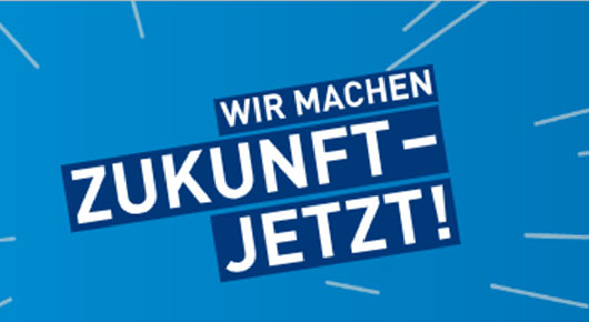 Motto der 17. DJHT - Weie Schrift auf blauem Grund: Wir machen Zukunft jetzt!