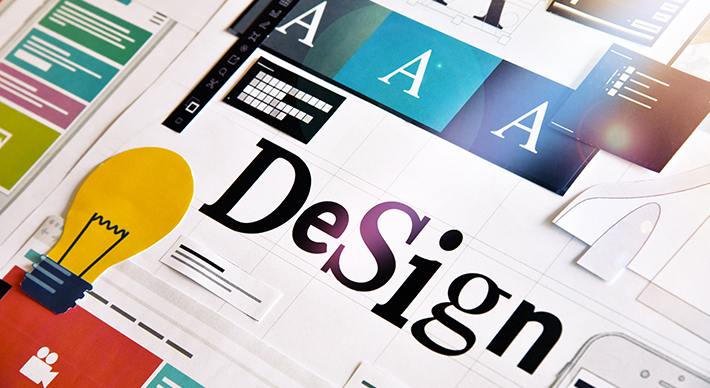 Das Wort "Design" ragt aus verschiedenen Gestaltungselementen hervor.